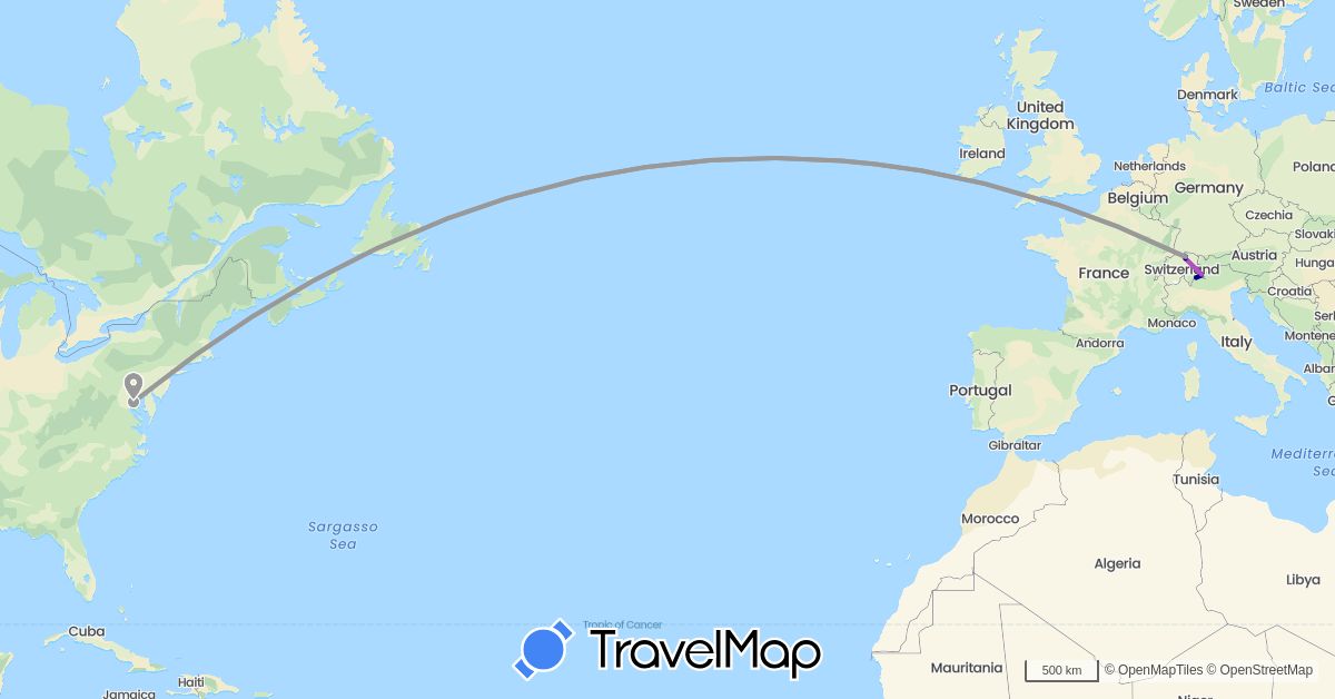 TravelMap itinerary: driving, plane, train in Switzerland, Italy, United States (Europe, North America)